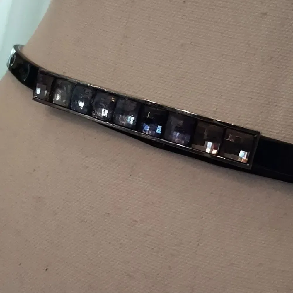 White House Black Market Black Leather Belt with Blue Stones